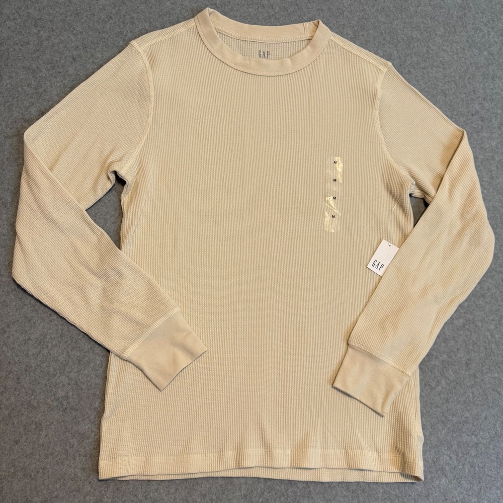 GAP Mens Size M Waffle Knit Thermal Long Sleeve Shirt Cream Chino Beige Crewneck